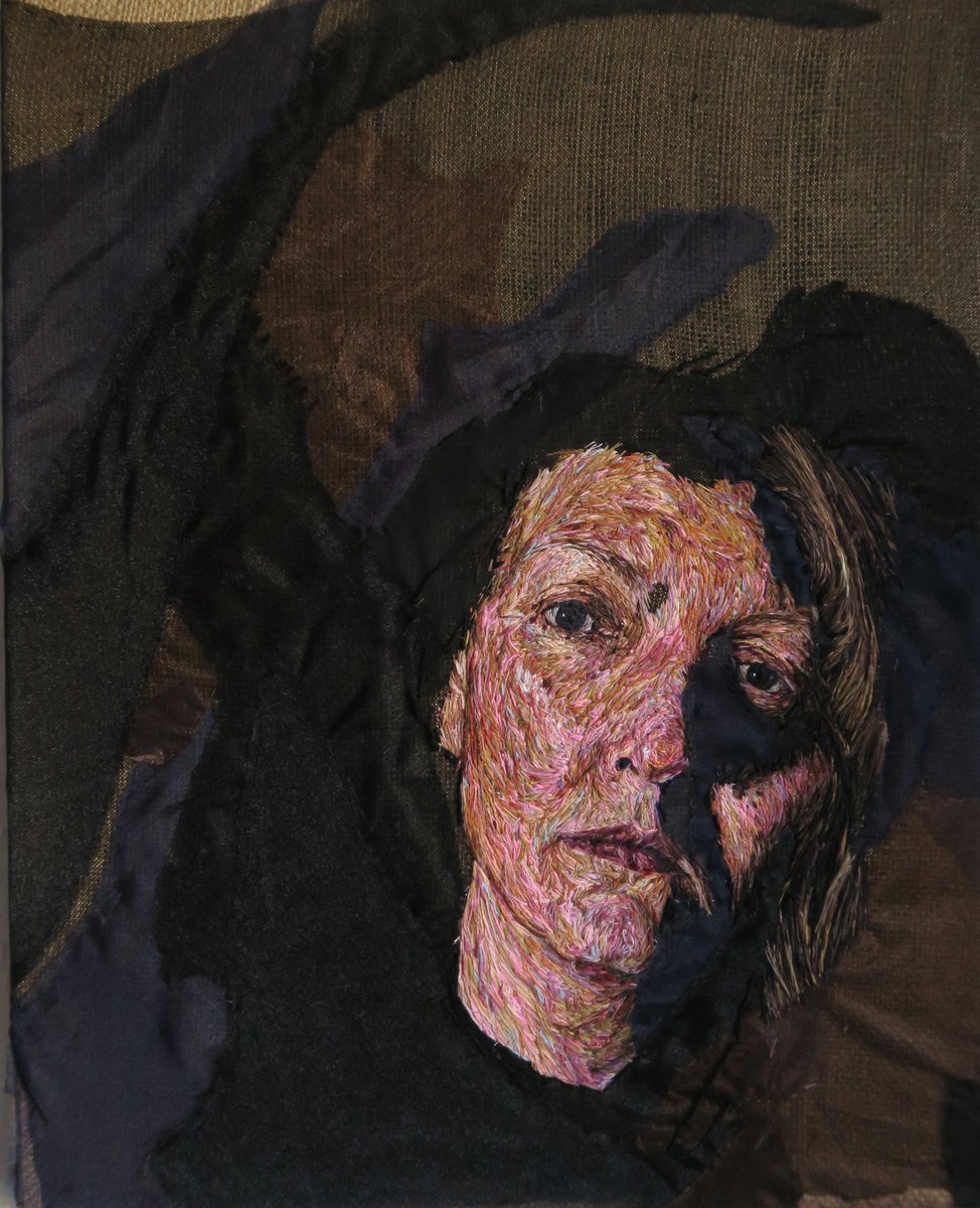 I never got the chance to exhibit this artwork before it found a home, so giving it a share here. 'The Battle' thread painting - hand stitched self portrait.
