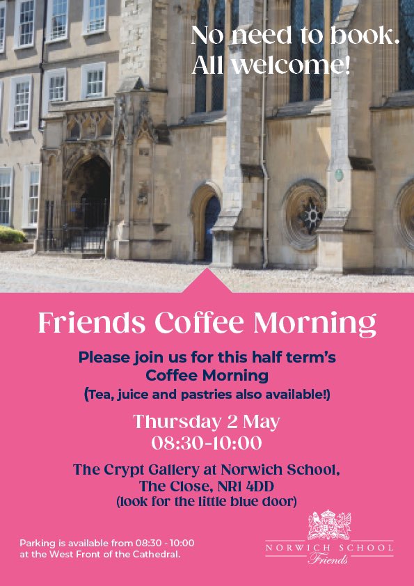 ☕️🥐Join us on Thursday 2nd May from 8:30am-10am in The Chapel for this half term’s Coffee morning! All welcome & parking available on the West front of the Cathedral. ☕️🥐 @NorwichSchool @NorwichLS @NorwichLowerSch