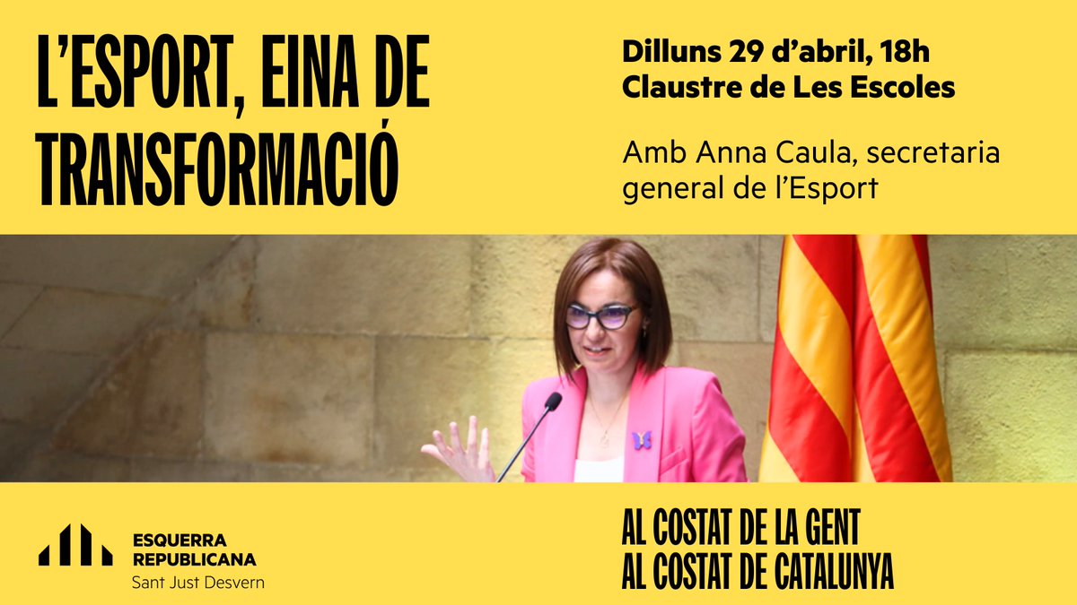 Dilluns, amb @anna_caula, secretaria general de l'Esport, parlarem d'esport femení, de base, d'inversió en equipaments, de finançament, ... 📅 Dilluns 29 d'abril ⏰ 18h 📌 Claustre de Les Escoles 📢 [ATENCIÓ‼️] En cas de🌧️l'acte es farà a la sala d'actes del mateix equipament]