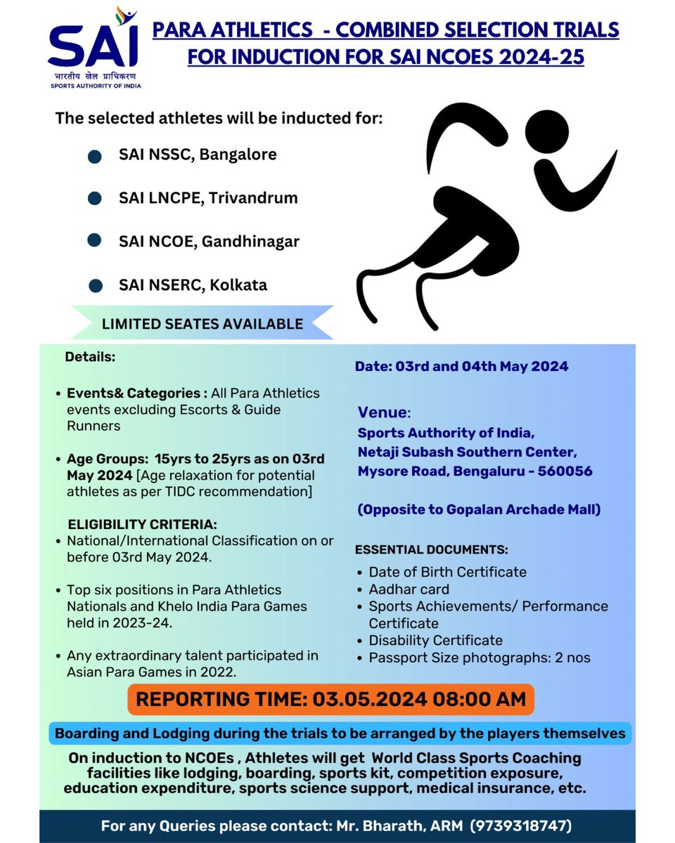 🏃‍♂️💨 Calling all para athletes! 🏅 Don’t miss out on the opportunity to join SAI’s NCOEs for 2024-25. Mark your calendars for the combined selection trials on May 3rd and 4th, 2024 at SAI Bengaluru. Check out the details & eligibility criteria. 

#ParaAthletics #SAI #saibengaluru