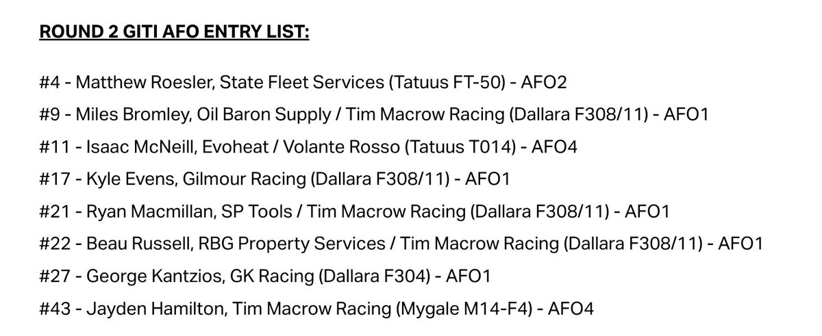 NEWS | 🇦🇺 Here is the entry list for this weekend's round of Australian Formula Open at Winton! OUT: Grubel, Ruff, Woodland, Sluraski, Astley, Ciconte #AFO