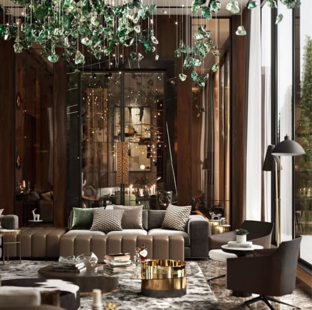 Sia_Moore's tweet photo. In this elegantly designed living room, comfort, luxury, and elegance merge seamlessly. Decorated in soothing shades of green and illuminated by a stylish chandelier, the room exudes a serene and inviting atmosphere. https://t.co/21PIsCY5JR