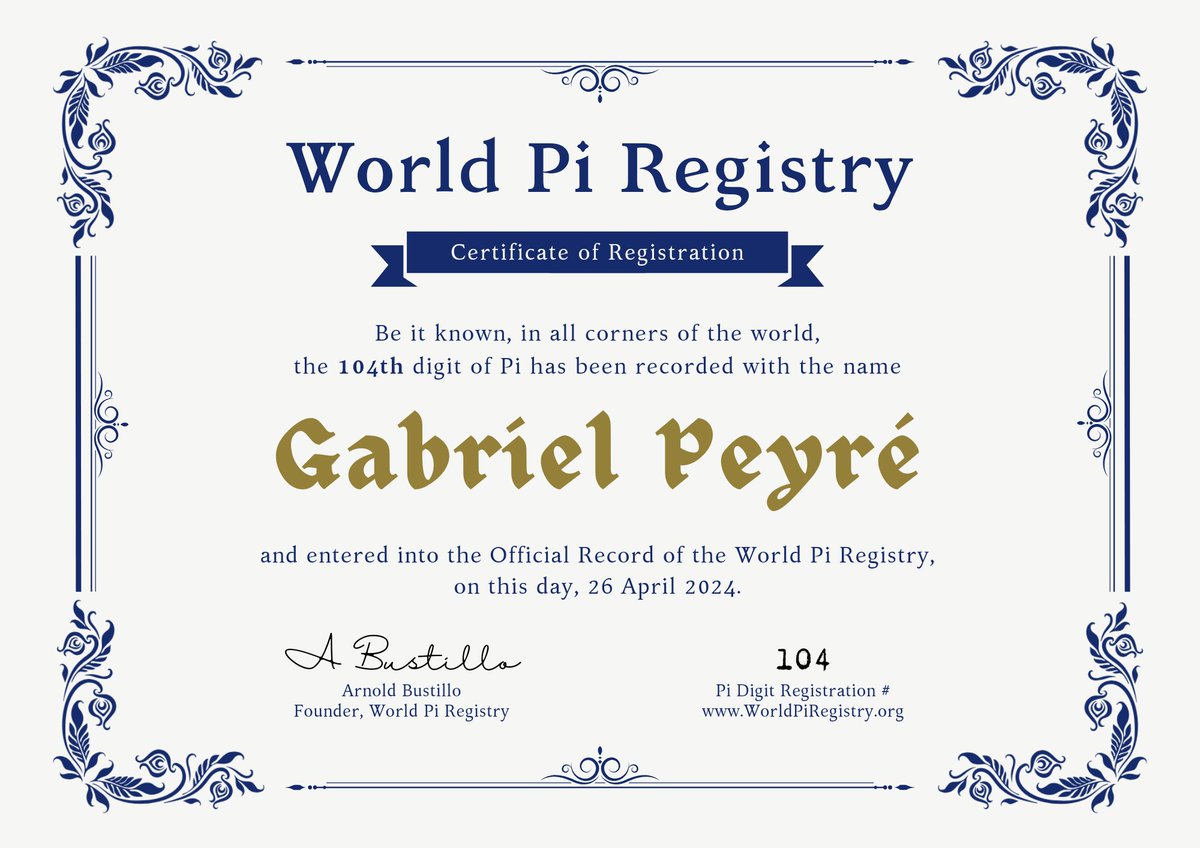 In recognition of contributions to mathematics, the World Pi Registry is proud to extend this gift to @gabrielpeyre 
Verification: WorldPiRegistry.org/104
(not an endorsement)