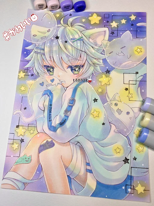3枚目完成「もぐもぐオバケネコ」久々に背景にコピックエアーブラシ使いました。(^∀^)透け感描くの好き#コピック #イラスト #illustration #アナログイラスト 