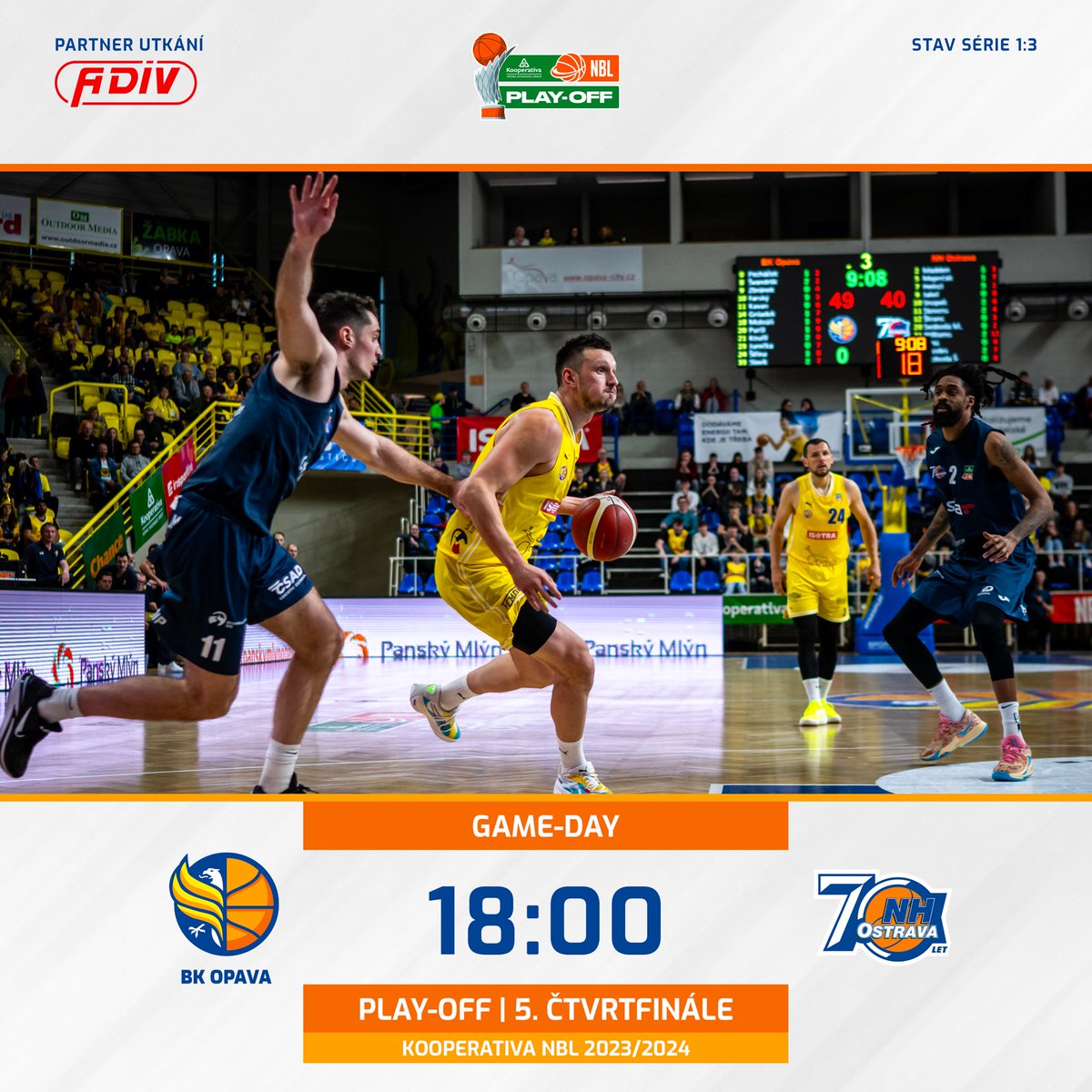 Dnes od 18:00 nás čeká 5. zápas čtvrtfinále play-off na domácí palubovce proti @nhostrava 🔥
Přijďte nás všichni podpořit a buďte součástí žlutého pekla👏💥

Partnerem zápasu je @mujadiv 🚗
#hejaopava #bkopava #czbasketball