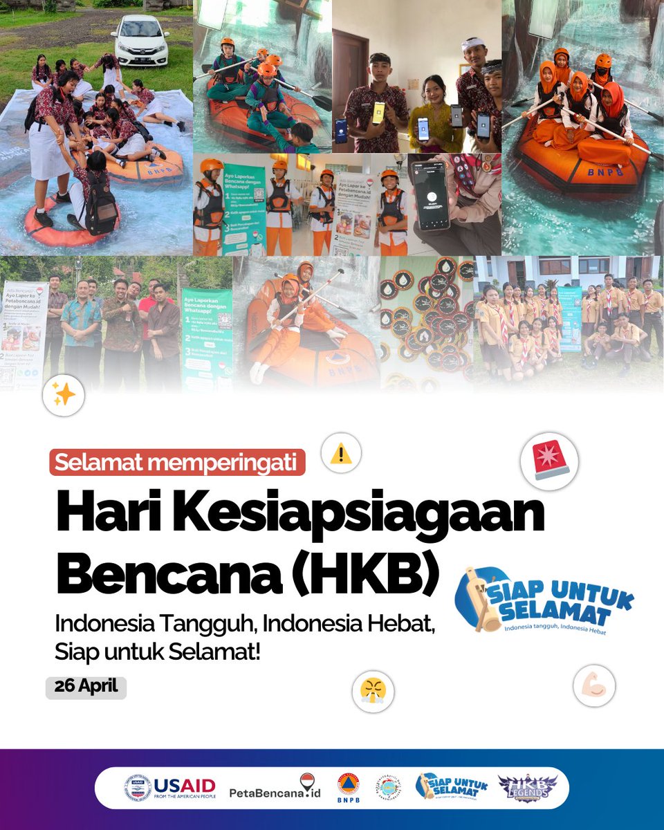 petabencana's tweet photo. Selamat memperingati Hari Kesiapsiagaan Bencana (HKB)! 💯✨

Dengan meningkatkan kesadaran terhadap bencana, kita dapat mengurangi risiko serta dampa bencana yang ditimbulkan. Ayo bersama wujudkan Indonesia tangguh terhadap bencana! 🇮🇩

#HKB2024 #HKBLegends https://t.co/HNuZP9GR2G