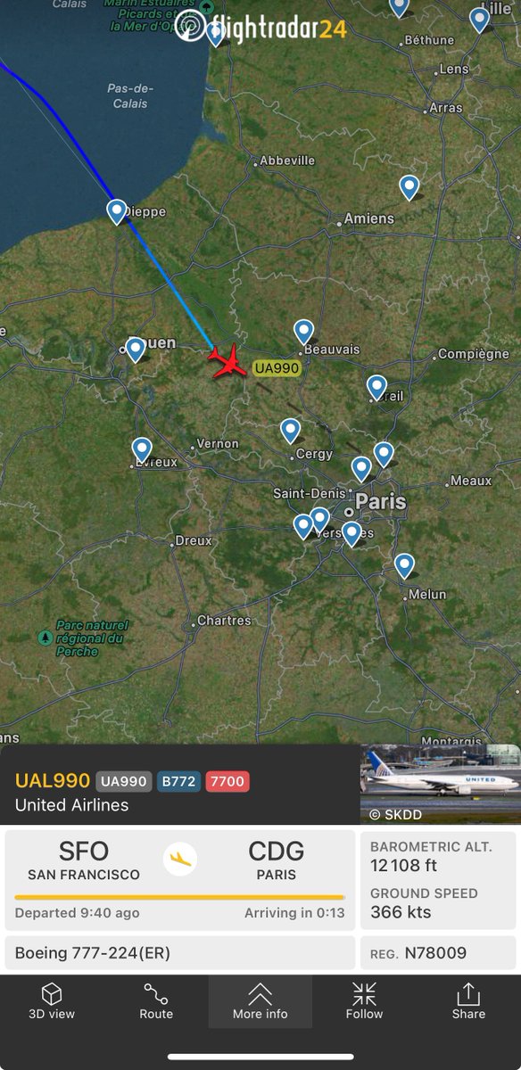 ✈️🆘 #UnitedAirlines flight #UA990 #UAL990 aircraft #B772 #N78009 between SFO/KSFO/San Francisco 🇺🇸 and CDG/LFPG/Paris-Charles de Gaulle 🇫🇷 has declared #emergency via #squawk7700 and is currently approaching destination