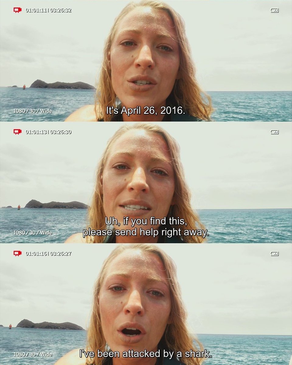 Apr 26th 2016 - Nancy Adams (@blakelively), while stranded on a small rock, and being circled by a shark that bit her the day before, recorded a message on a GoPro camera, before attempting to swim to a nearby buoy. 📽️📅 The Shallows (2016)