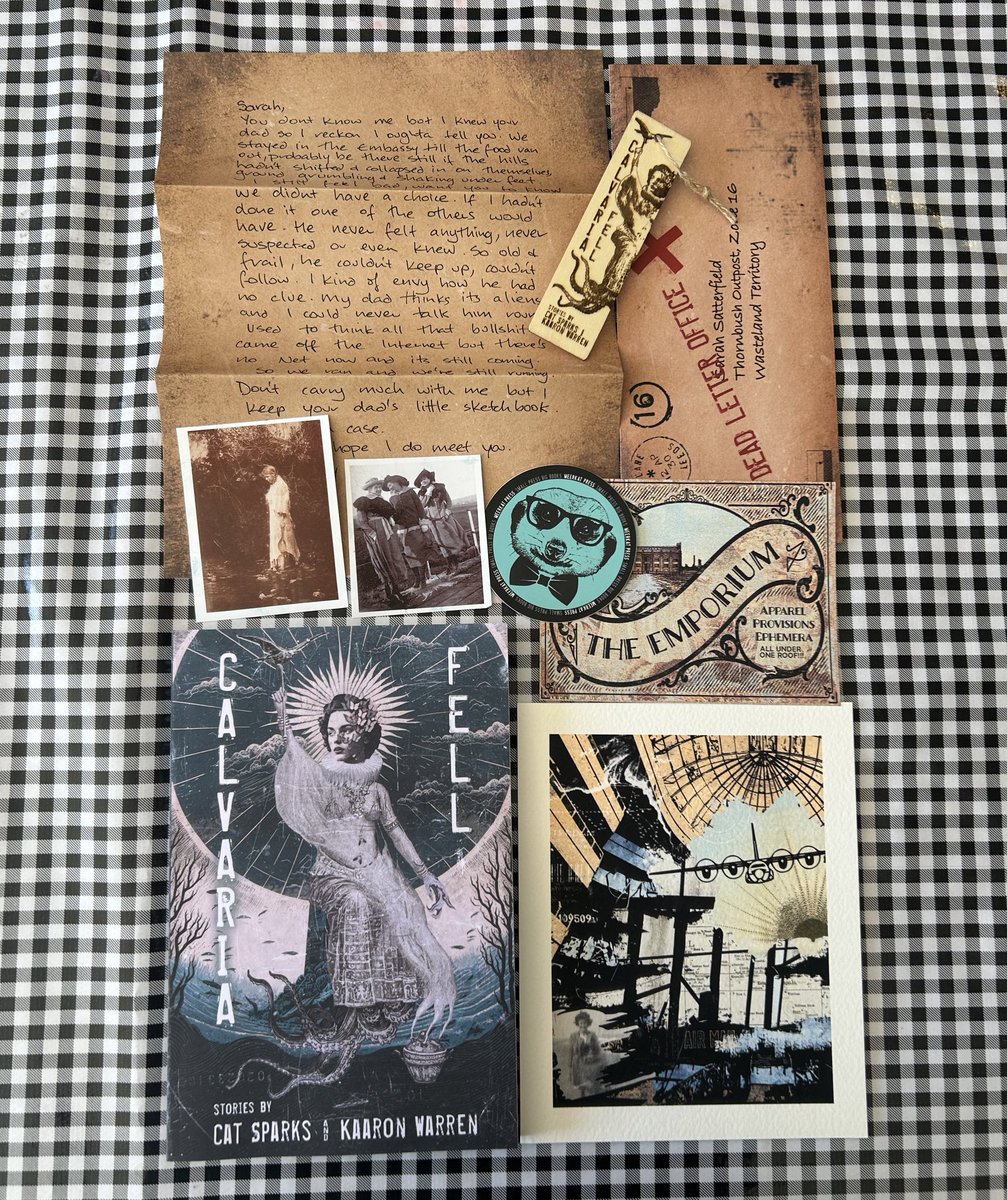 #bookmail! Excited to read CALVARIA FELL collaborative short fiction collection by @catsparx & @KaaronWarren, from @MeerkatPress. Look at all this swag including a stunning art print by Cat Sparks and a mysterious undelivered letter from the Dead Letters Office… 👀 📚 ✨