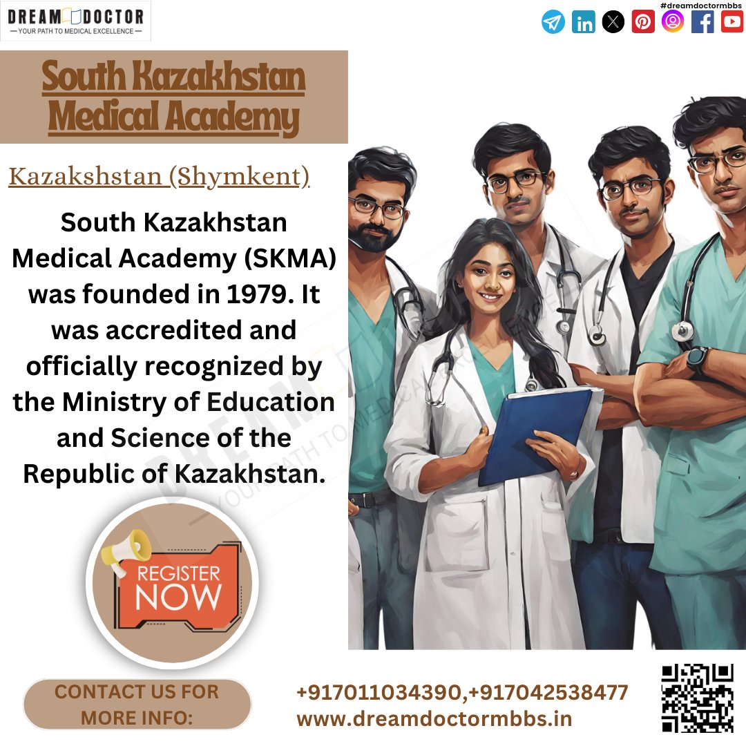 South Kazakhstan Medical Academy (SKMA) was founded in 1979.The university has a modern infrastructure for education and research.

#kazakhstan #southkazakhmedicalacademy #shymkent #dreamdoctormbbs #mbbs #mbbsabroad #mbbsstudent #mbbsadmission #neet2024