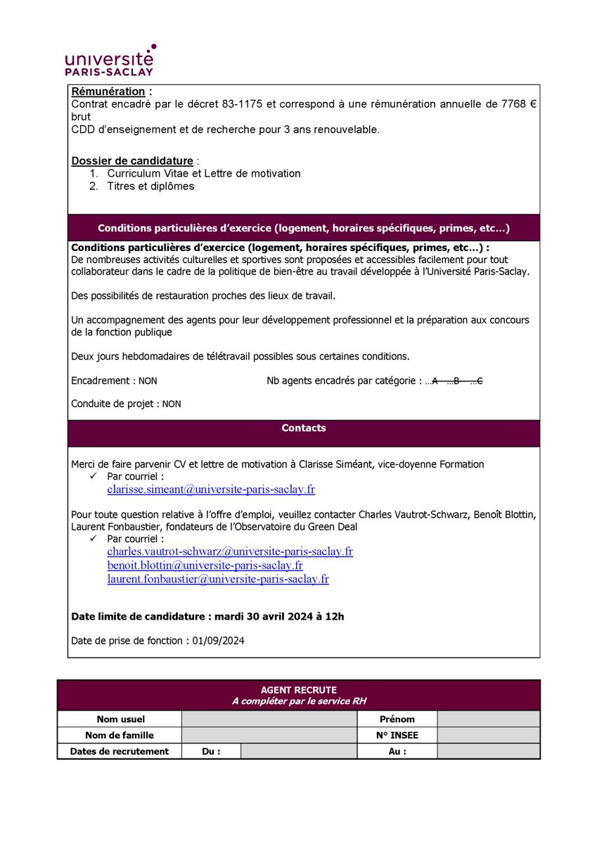 La Faculté recrute un professeur attaché. 
La campagne de candidature est en cours et se termine le mardi 30 avril 2024 à 12h.
Pour une prise de poste le 1er septembre 2024.
Plus d'information → linkedin.com/company/648586…