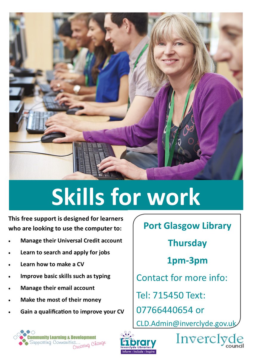 Did you know that @CLDInverclyde hosts weekly Skills for Work help in Port Glasgow Library? Whether you're looking for help in how to search for work, writing your CV, or making the most of your money, they can help! Port Glasgow Library Thursday 1-3pm