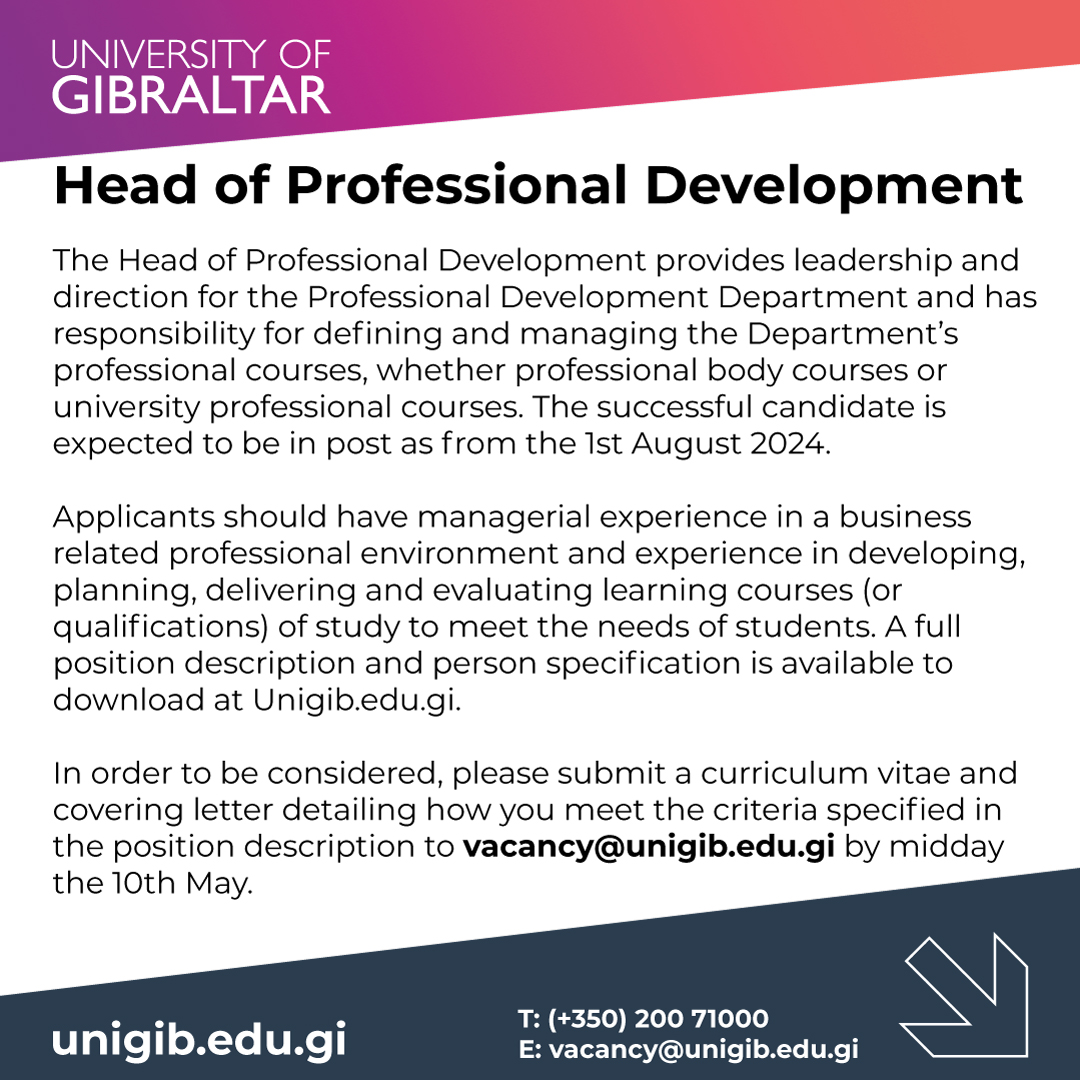 🌟 VACANCY - Head of Professional Development 🌟 Find out more about this position here - unigib.edu.gi/vacancies/ #UniversityofGibraltar #Vacancy #ProfessionalDevelopment #Gibraltar