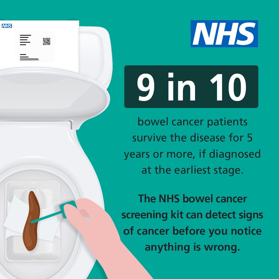 9 in 10 people survive bowel cancer for 5 years or more, if diagnosed at the earliest stage. If you've received a #BowelCancer testing kit through the post, don't forget to send it back. Find out more: orlo.uk/gtrCk #BowelCancerAwarenessMonth