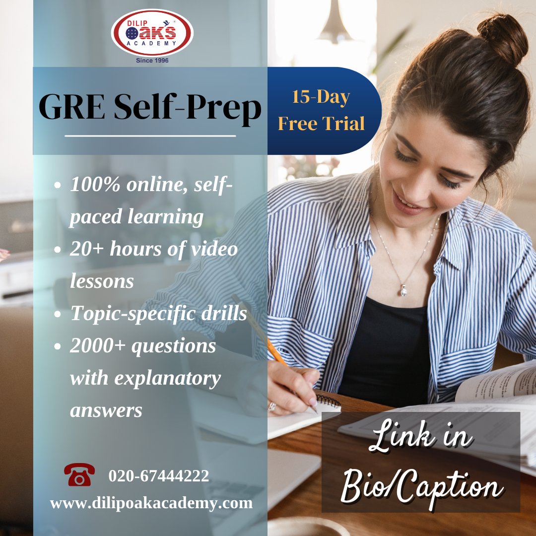 With our GRE Self-Prep, you're in control. Study whenever and wherever it suits you, allowing you to balance your GRE prep with work, school, or other commitments. Sign your FREE trial today! Link in Bio #dilipoaksacademy #studyabroad #studyabroadconsultants #greprep #selfprep