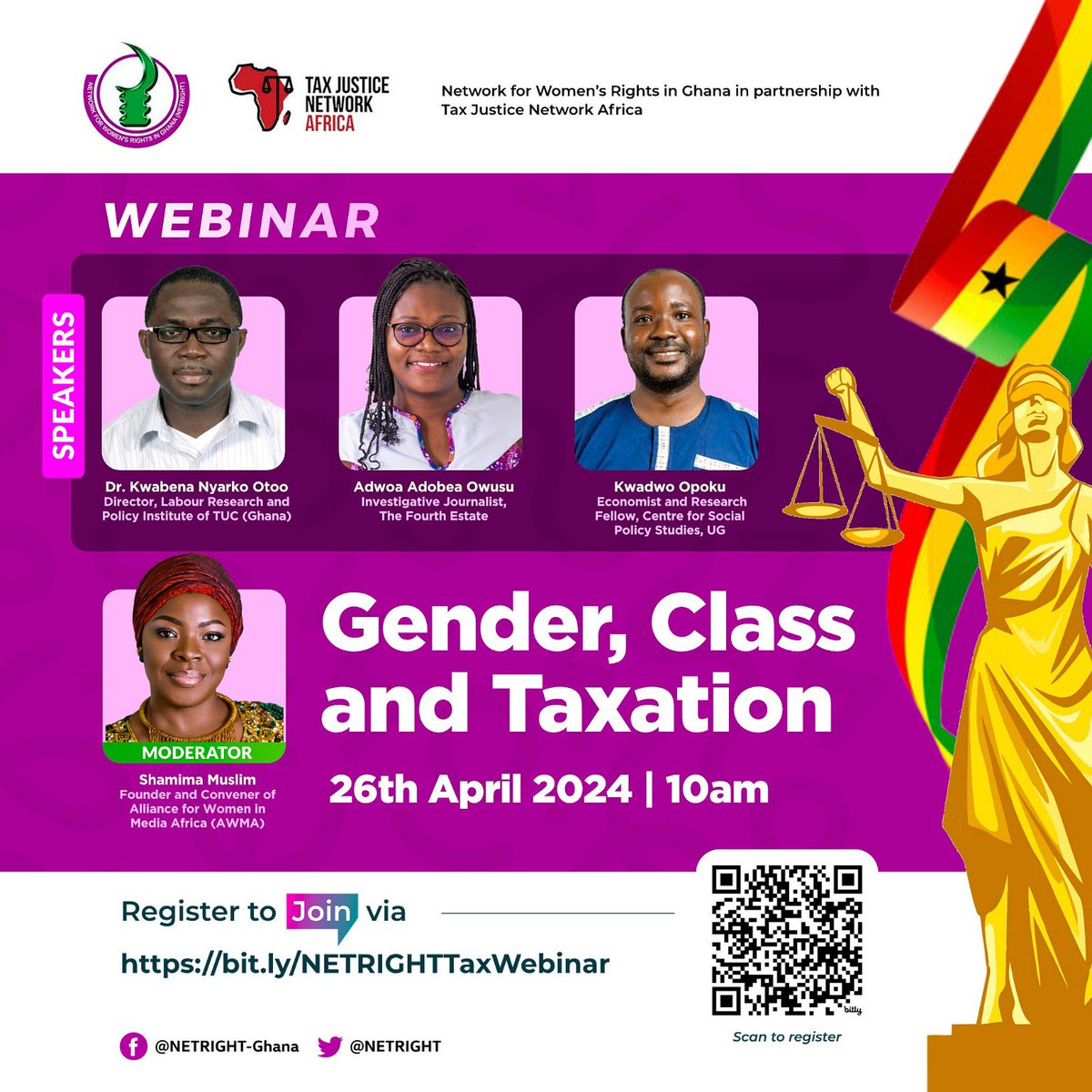 Did you know that there are gendered and class dimensions in our tax system? Well, join @NETRIGHT for this important webinar at 10am today. Kindly scan the code for the link.