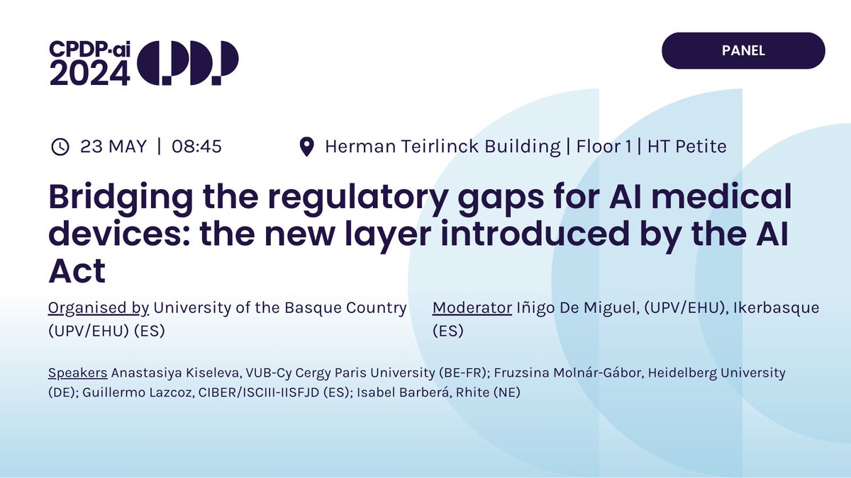 CPDPconferences's tweet photo. How do the AIAct, the MDR/IVDR and the GDPR interrelate in the development of AI medical devices?
Organised by @upvehu with @idemiguelb, @balushkaa @VUBrussel, Fruzsina Molnár-Gábor @UniHeidelberg, @GuillermoLazcoz 
@CIBERER, @IsabBarb @RhiteTech
#CPDPai2024 #CPDPconferences https://t.co/6CU1NqtKUW