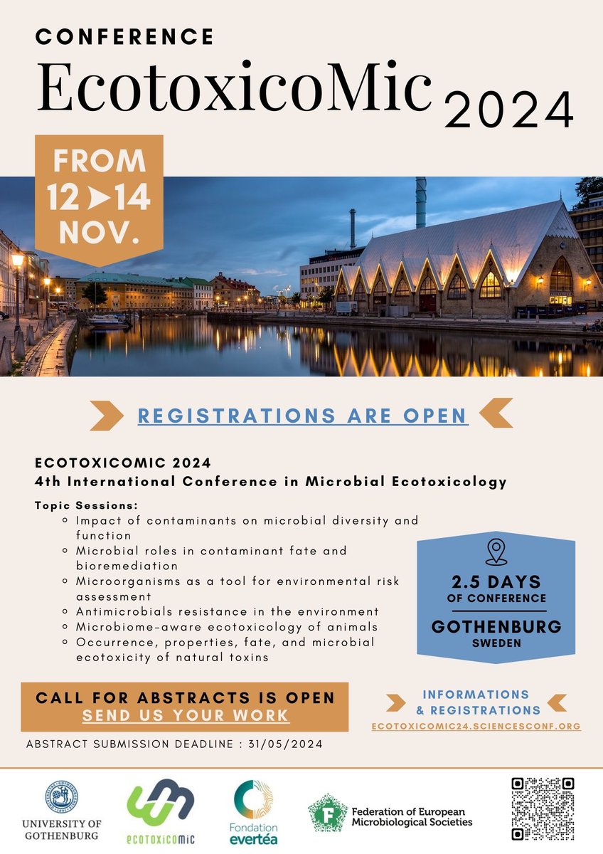 NCorcoll's tweet photo. Five weeks only left to prepare and submit your abstract for the 4th International Conference in Microbial Ecotoxicology – EcotoxicoMic24, to be held in Gothenburg, Sweden from 12 – 14 November 2024.

The deadline for all (travel) grant applications is on April 30. https://t.co/jOmXSYE0e7