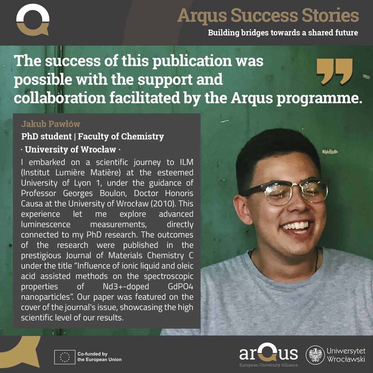 😃#Arqus offers young researchers great opportunities for academic growth by facilitating #InternationalMobilityProgrammes that expand their global scientific networks🔬 👉Check out the #ArqusSuccessStory of Jakub Pawłów (@uniwroc)👨‍🎓👏