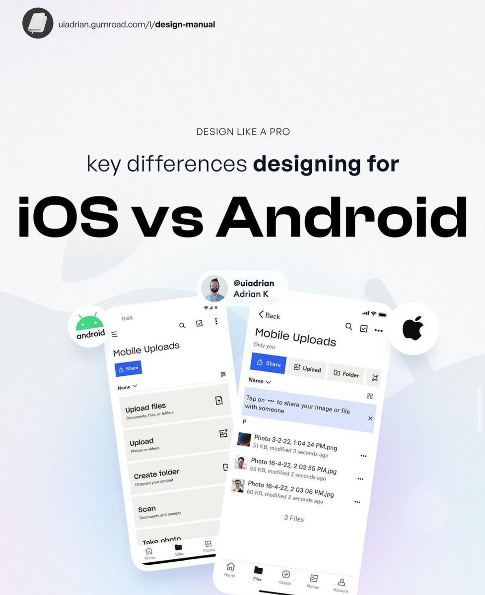 UI/UX Designer, check out this article: Learn the key differences designing for iOS vs Android, it's essentially detailed, it might be useful to you in one way or the other.

Credit: @uiuxadrian 

Retweet & Save For Later ❤️