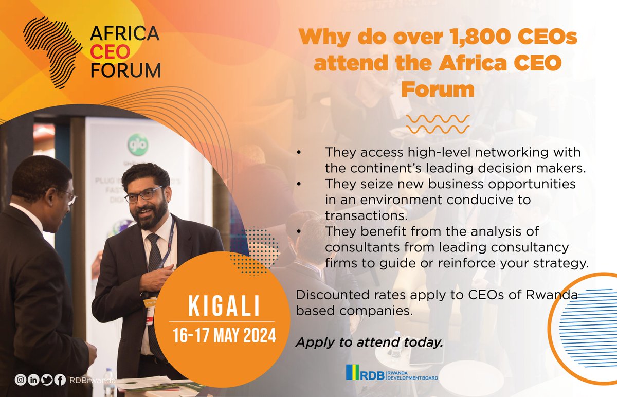 Did you know that discounted rates often apply to CEOs of companies based in Rwanda?

Apply to attend today at rdb.rw/africa-ceo-for…
#InvestInRwanda | #RwandaIsOpen