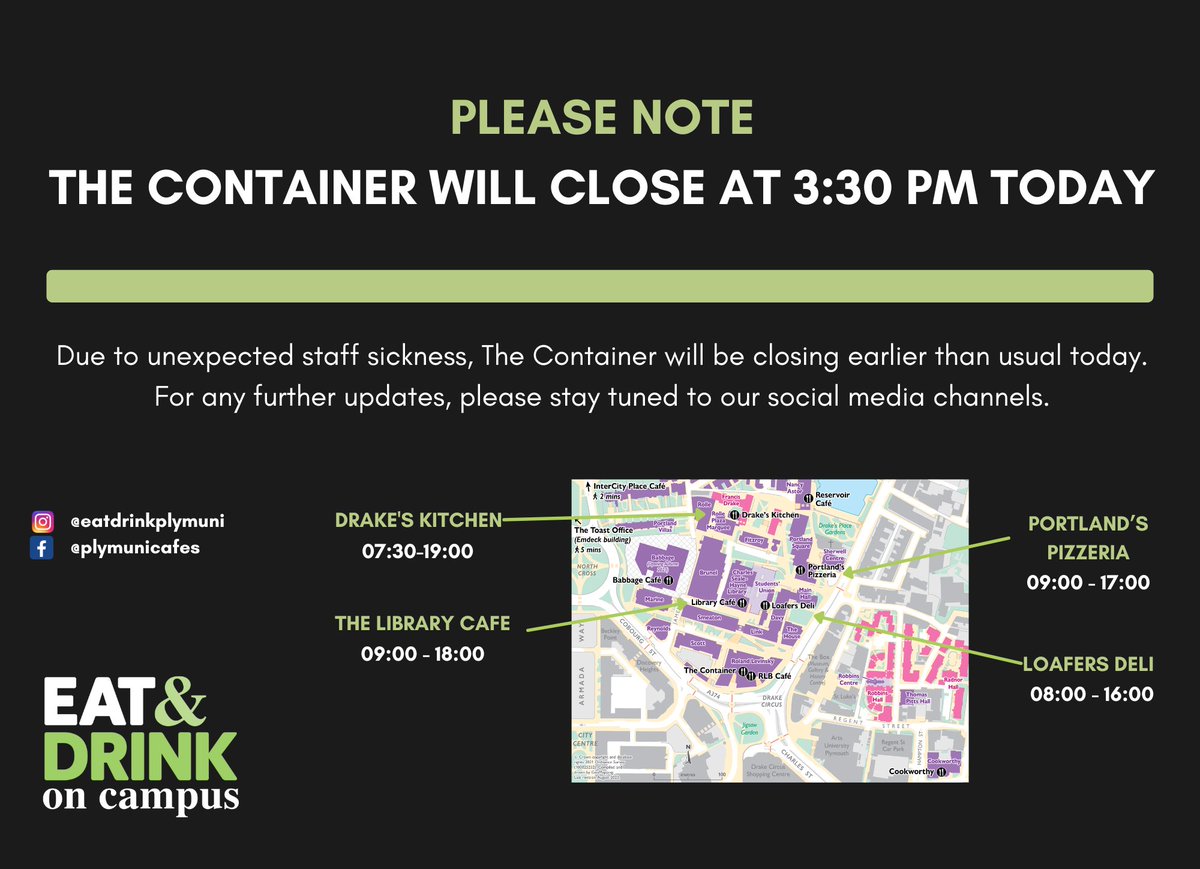 Due to staff sickness, The Container will be closing at 3:30 pm today. Please visit one of our other open cafes to order food and drink. We apologise for any inconvenience.