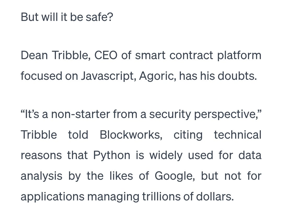 @deantribble can you elaborate? Have you ever seen the models that trillions of dollars flow through in TradFi? Do you know which language AI is written in? Do you know the NSA recommends Python as a memory-safe language? And your alternative is JavaScript. Fascinating.