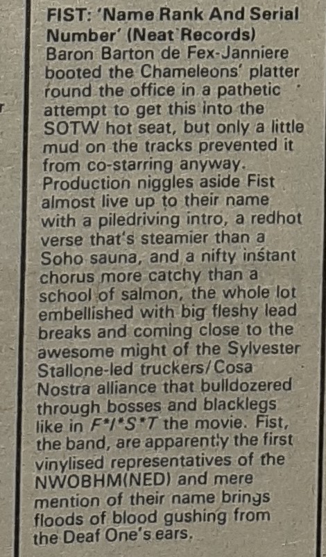 FIST's single 'Name, Rank & Serial Number' reviewed by Garry Bushell in Sounds 26th, April 1980. @garyalikivi