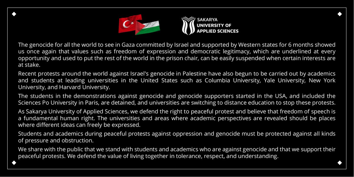 📣 We share the public that we stand with students and academics who are against genocide and that we support their peaceful protests.