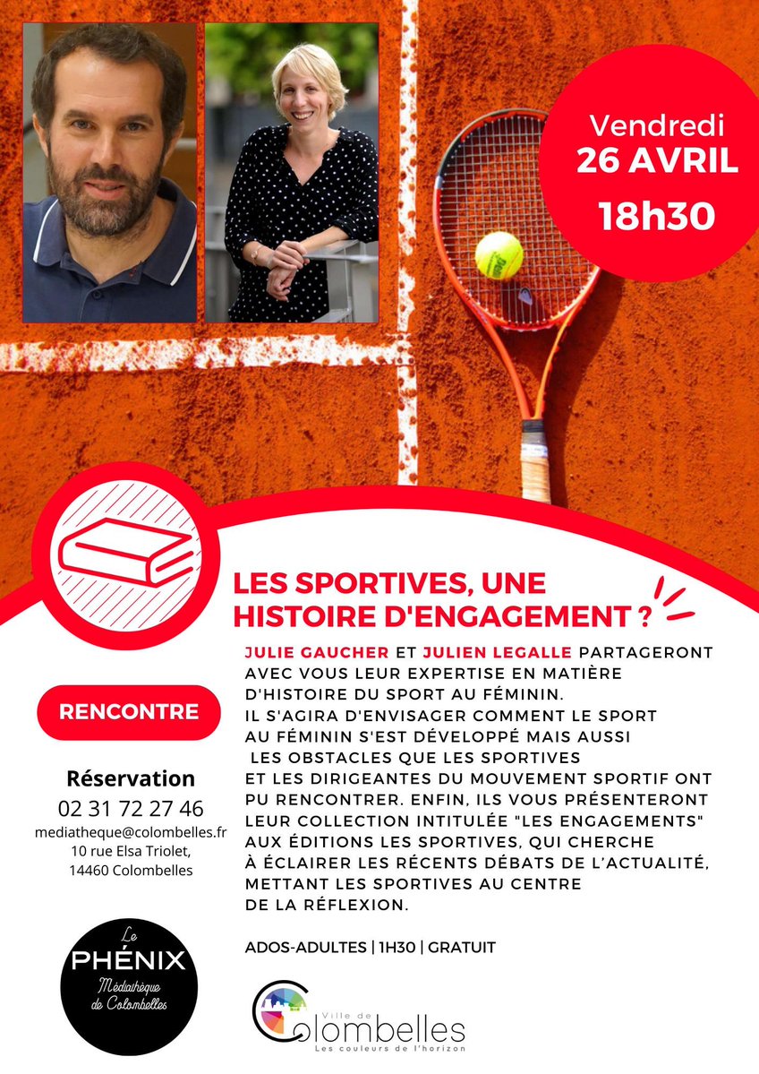 📆 Le vendredi 26 avril à 18h30 à Colombelles Julie Gaucher et Julien Legalle partageront avec vous leur expertise en matière d'histoire du sport au féminin. Il s'agira d'envisager comment le sport au féminin s'est développé. infolocale.fr/equipements-pu…