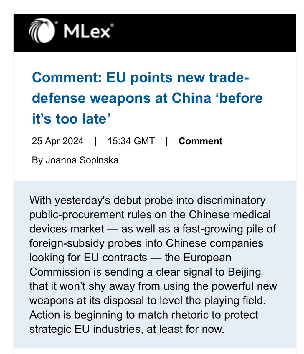 Action is beginning to match tougher EU rhetoric on 🇨🇳 . „The simultaneous deployment of the procurement and foreign subsidies tools shows the commission is trying to take a more systemic approach and cut across the landscape of China’s unfair practices.” bit.ly/3Ql12a1
