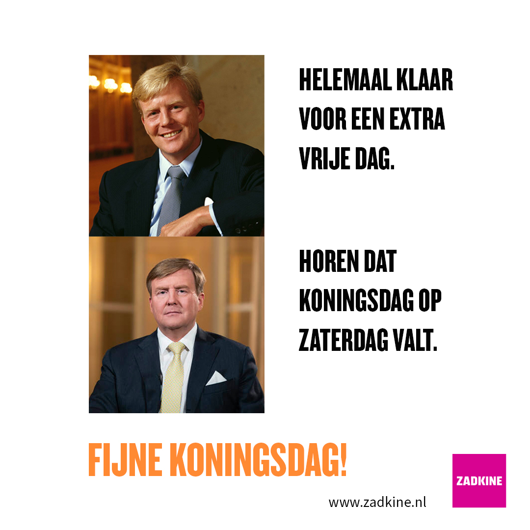 Misschien niet extra vrij, maar geniet vanavond daarom éxtra van Koningsnacht en morgen van Koningsdag! 🎉👑 #koningsdag #zadkine #fijnekoningsdag #party