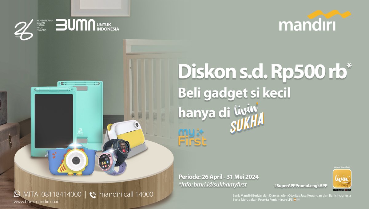 Buat si kecil happy dengan gadget-gadget dari myFirst, yuk!

Ada diskon s.d. Rp500 ribu kalau kamu belinya di fitur Livin' Sukha! 

Berlaku hingga 31 Mei 2024. Cek info promonya di bmri.id/sukhamyfirst

#LivinSukha
#SuperAPPPromoLengkAPP