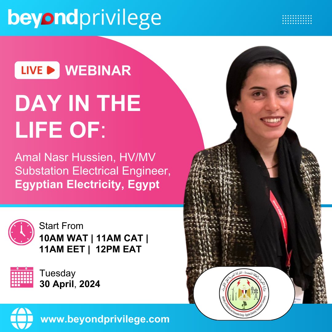 We are delighted to announce Amal Nasr Hussien, HV/MV Substation Electrical Engineer from Egyptian Electricity Transmission as our speaker. 📅 Tuesday 30 April ⌛ Start Time: 10AM WAT | 11AM CAT | 12PM EAT 🔴 Join the live stream here: bit.ly/4cnOszS