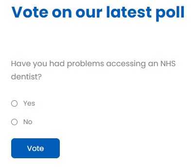 New poll ⭐ Have you had problems accessing an #NHS #dentist?

Vote on this week's poll ⭐ networks.nhs.uk