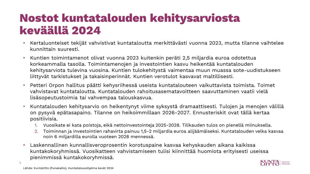 @TimoReina @Kuntaliitto @FCG_Group @MeriObstbaum @SuomenPankki Kuntatalouden kehitysarvio on heikentynyt dramaattisesti. Ennusteen heikennyksen taustalla erityisesti kasvaneet menot. Myös hallitusohjelman talousvaikutuksiin sisältyy monia kysymysmerkkejä. Muut nostot #kuntatalous näkymistä 👇