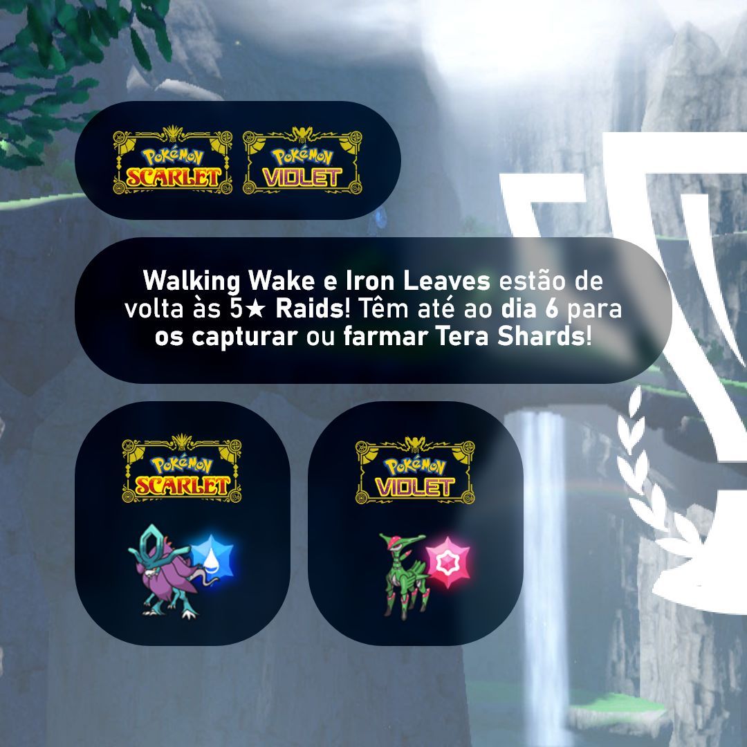 Walking Wake e Iron Leaves estão de volta às Tera Raids! 🦖🍃 
Estes Paradox Pokémons são os únicos Paradoxes que não podem ser capturados e nem aparecem fora das Tera Raids! 😬 
Quais os Paradox Pokémons vocês preferem? Ancient ou Future? 🤔