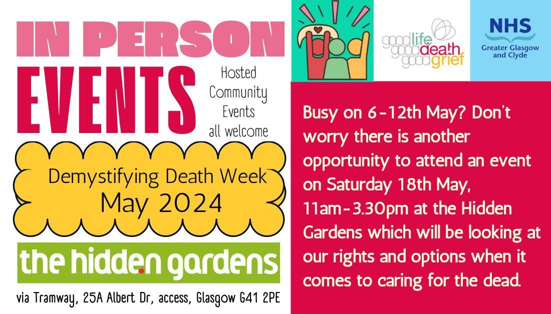 Organised by Pushing Up the Daisies ➡ A day of storytelling, learning our options after someone has died & imagining what community-death care can look like. All welcome @nhsggc @NHSGGCCarers @LifeDeathGrief @Hidden_Gardens Register your place 👉 buff.ly/3xUKwHn