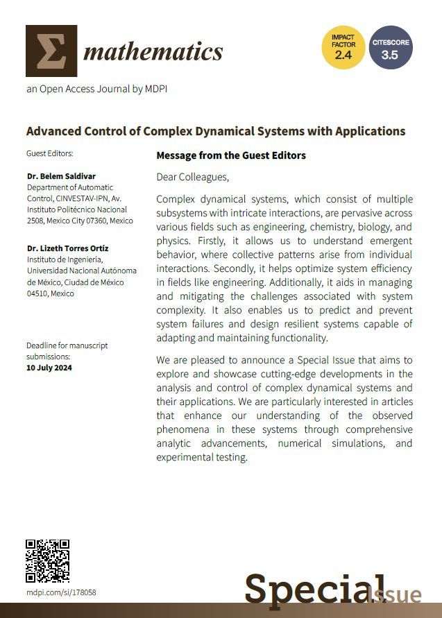 MathematicsMDPI's tweet photo. π The first paper published in the Special Issue "Advanced Control of Complex Dynamical Systems with Applications" https://t.co/0Sf56IFYT6
#Hybridsystems
#complex
#Nonlineardynamics
#Timedelay #Robustcontrol
Submit by *10 July 2024*
#MDPIOpenAccess #ComSciMath_Mdpi https://t.co/E02CjIegxu