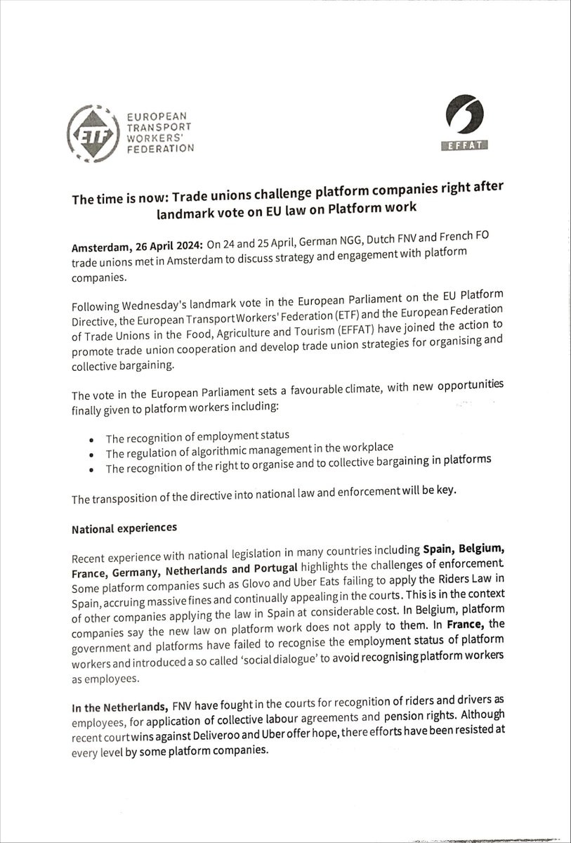 FnvPlatformwerk's tweet photo. @ETF_Europe  and @EFFAT_org  press relase on Today's action and the #EU #PlatformDirective at #JustEats #VisitJitse @FOTransports @Liefern_amLimit  @volkskrant @AT5 @parool @AFP @dpa_intl @gigeconpodcast @Ben_Wray1989 https://t.co/YgnYJZqC9u