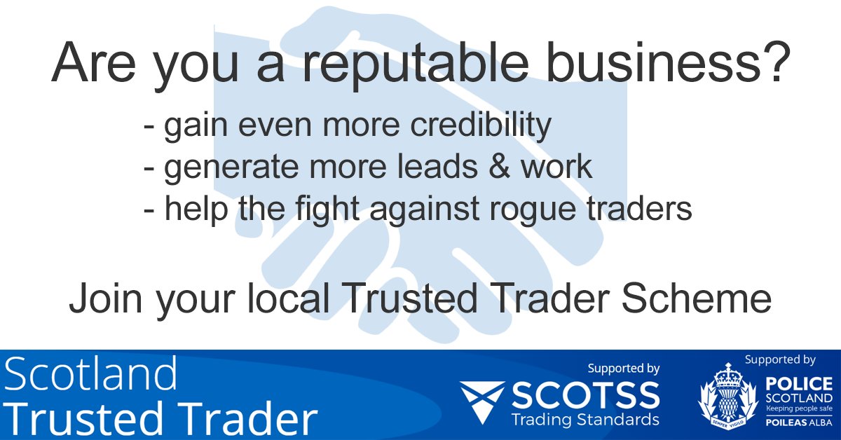 If you have a min of 6 months clean trading history and are willing to be vetted by Trading Standards, then consider becoming a Trusted Trader. See if there is a scheme covering your area: trustedtrader.scot/signup-choose #TrustedTrader #ShutOutScammers