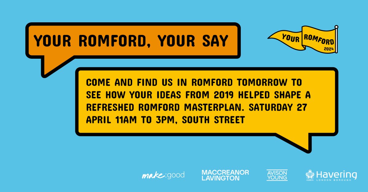 Romford Town Centre Masterplan Refresh is LIVE. Come and #HaveYourSay tomorrow (Saturday 27 April), 11am to 3pm South Street (opposite Santander) Or visit orlo.uk/32bUI to fill out the online questionnaire between 8 April – 3 May 2024 #YourRomford
