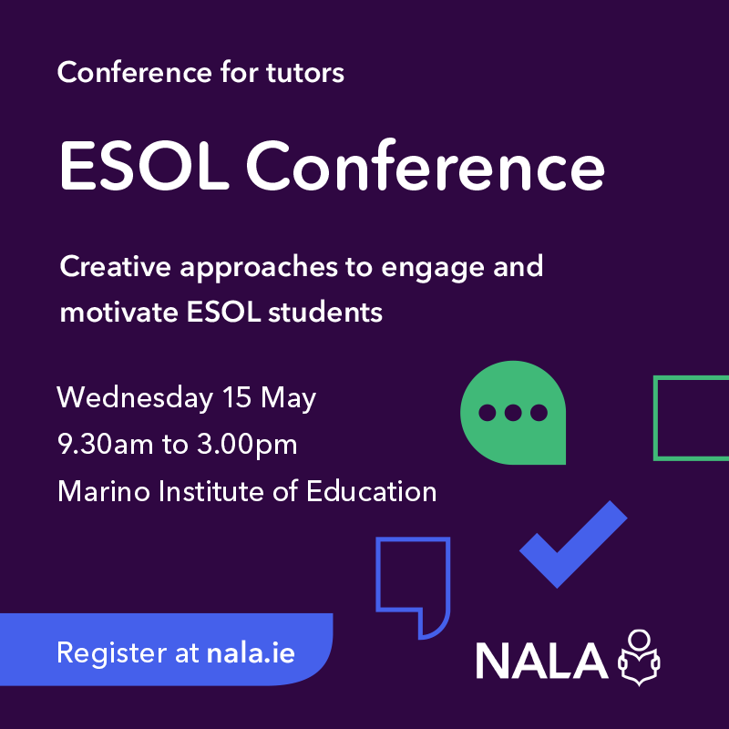 📢Are you an ESOL Tutor? 

Join us at NALA’s ESOL conference on 15 May at Marino Institute of Education, Dublin

You will hear from 5 speakers and attend 2 workshops 

Full programme and free registration: nala.ie/support-us/eso… 

#ESOL #AdultLiteracyForLife