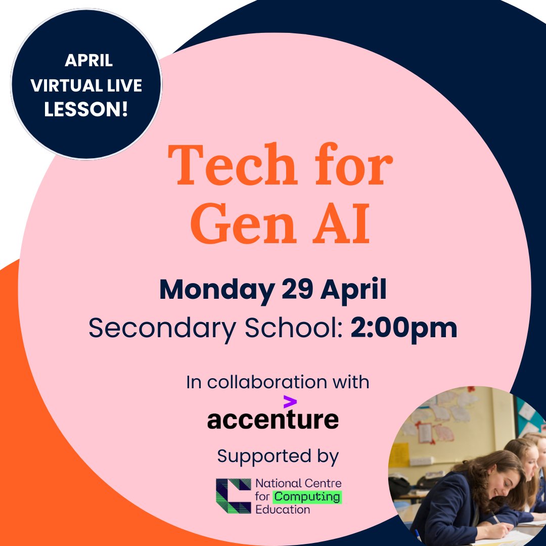 Are your students curious about AI's impact on daily life and its future potential? Don't miss our live lesson on April 29th at 14:00! In partnership with @AccentureUK and supported by @WeAreComputing. Register now: techshecan.org/live-assemblies🤖📚 #AI #TechWeCan