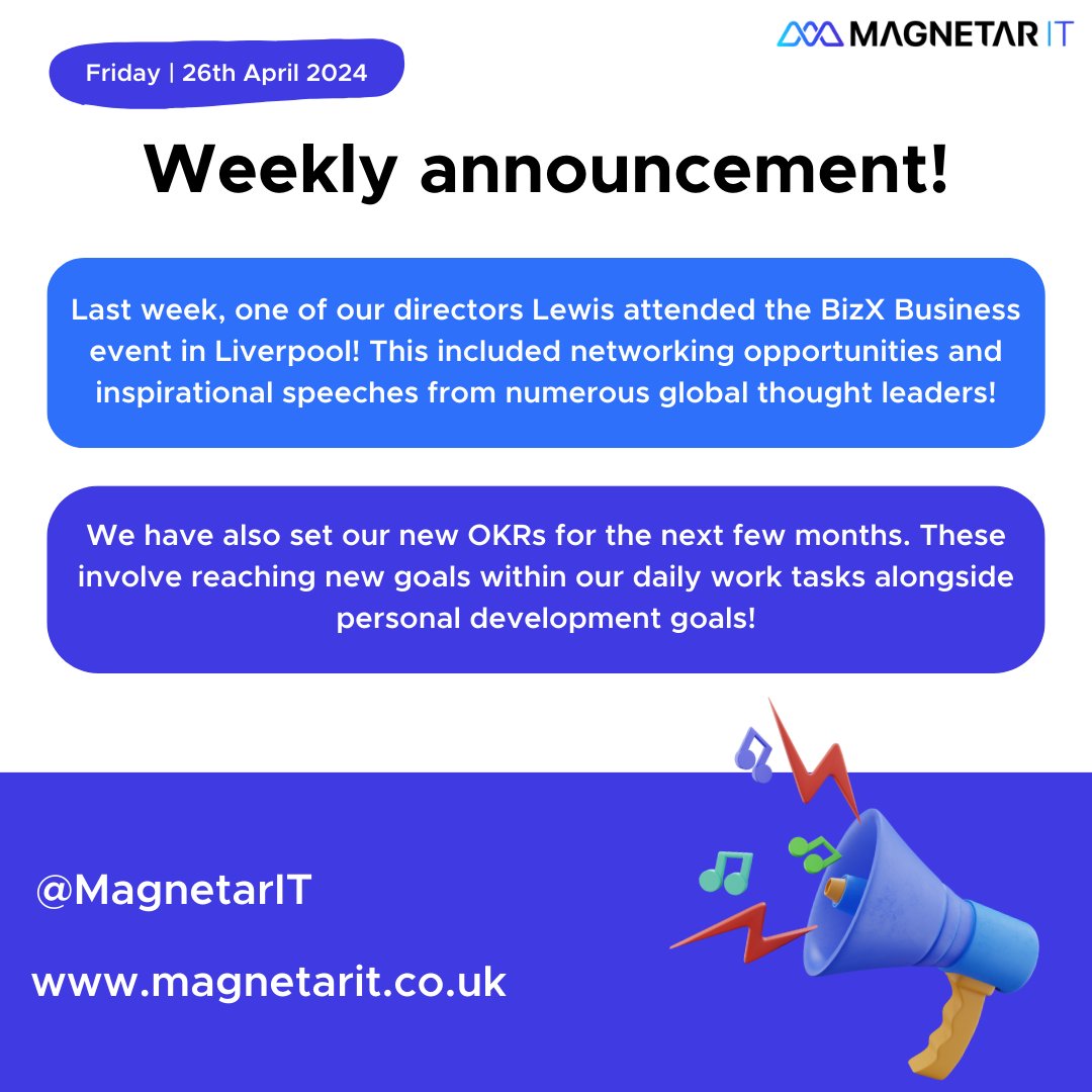 🌟 Weekly announcement! 🌟 Last week one of our directors attended the BizX Business event in Liverpool! ⚡ Have you got any new personal goals you've set for yourself this month? 🌱 #weeklyanouncement #OKR #BizX #magnetarit