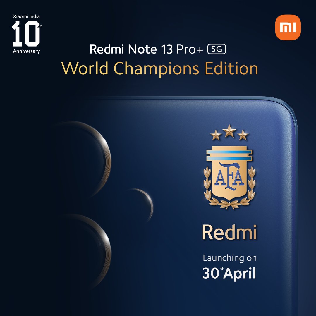 Huilgol's tweet image. Teaming up with football champions, Argentine Football Association, to bring to all our #XiaomiFans a very special edition of #RedmiNote13 Pro+ 5G. 

Know all about this G.O.A.T collab on 30th April.