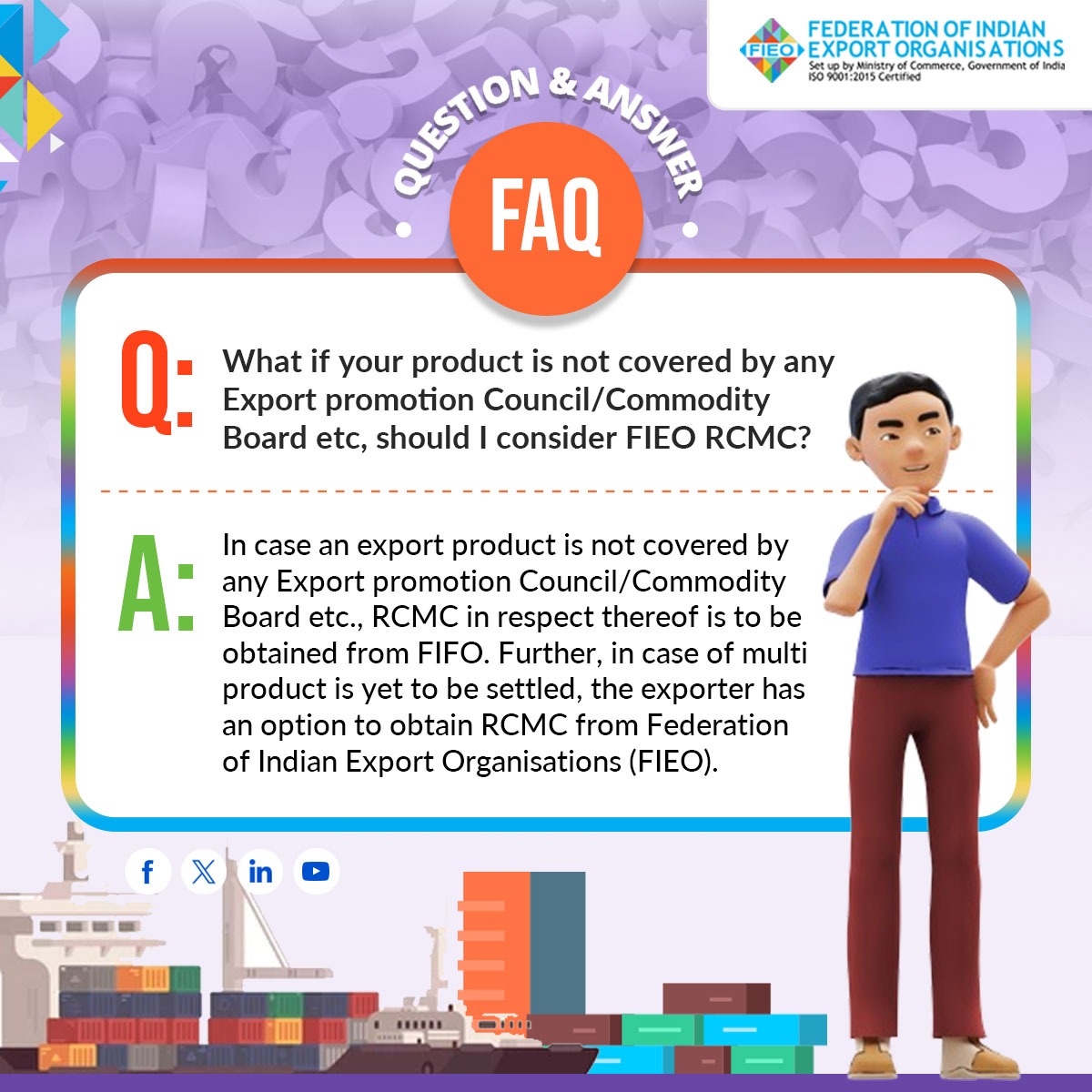 Joining FIEO?🌍Curious about the perks? Check out our FAQs to get answers!

Today's FAQ: What if your product is not covered by any Export promotion Council/Commodity Board etc, should I consider FIEO RCMC?

Visit➡️fieo.org to learn more!

#FIEOFAQs