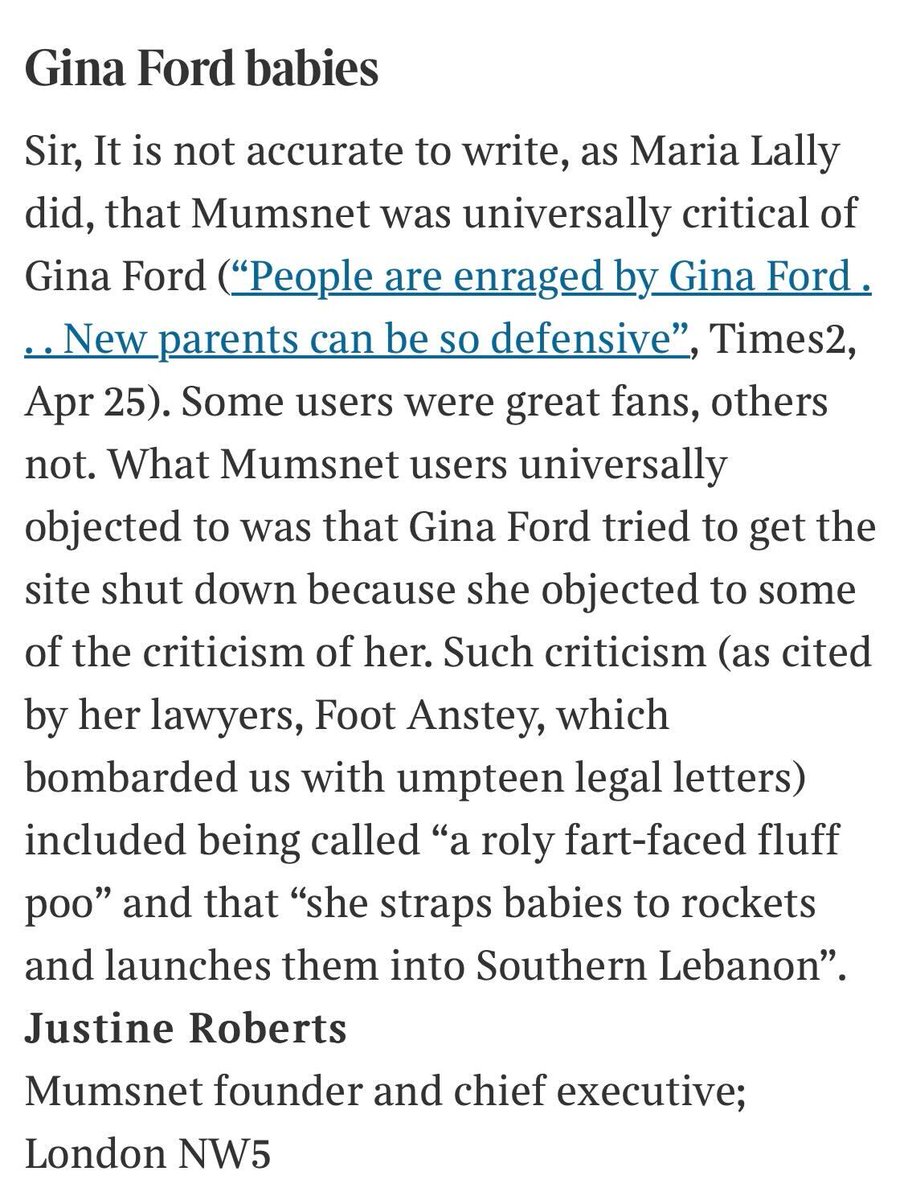 'What Mumsnet users universally objected to was that Gina Ford tried to get the site shut down because she objected to some of the criticism of her...' thetimes.co.uk/article/times-…