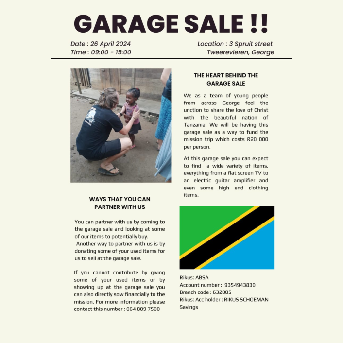 We can't all preach but we can make it possible with financial support.

ghsza.com
Contact us
084 524 8852
admin@ghsza.com

#TanzaniaOutreach #GarageSaleFundraiser #SpreadTheWord #MakeADifference #HopeAndLight #SupportTanzaniaMission #GarageSaleForGood #GHS