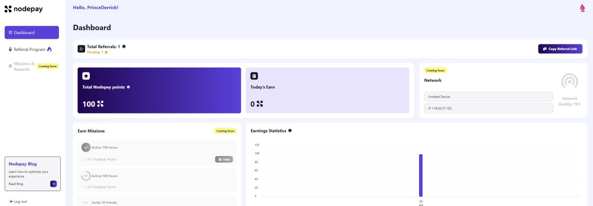 PrinceDerrickSG's tweet image. Node #1 activated. Earnings start in May. First Node points locked in… @nodepay_ai @youre_early